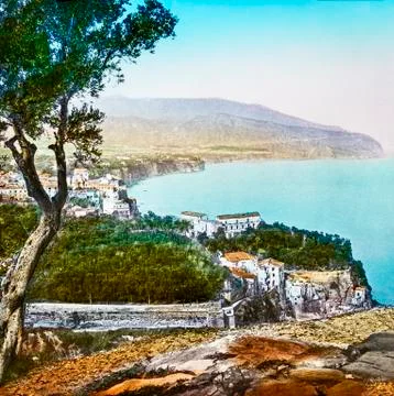 Magic Lantern slide circa 1900 hand coloured. Titled Cities and places Foto stock