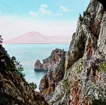 Magic Lantern slide circa 1900 hand coloured. Titled Cities and places Foto stock