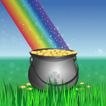 Magic leprechaun pot of gold at the base of the rainbow Stock Illustration