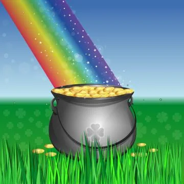 Magic leprechaun pot of gold at the base of the rainbow Stock Illustration