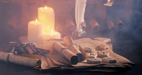 Magic library full of medieval and old scrolls Stock Footage 123087993