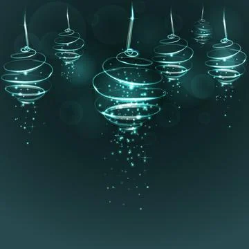 Magic light turquoise Christmas tree balls on dark blue background. Glowing Stock Illustration