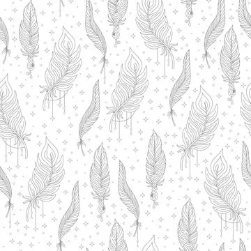 Magic linear feathers and stars seamless pattern vector Stock Illustration
