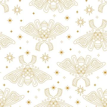 Magic linear moth and stars seamless pattern vector イラスト素材