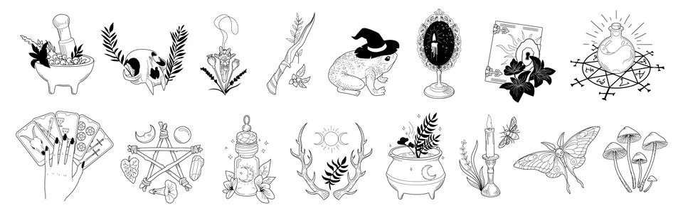 Magic logo. Mystical vintage elements. Halloween icons. Sticker of esoteric w 스톡 일러스트