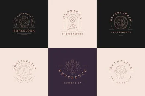 Magic logos emblems design templates set with mystic moon and female hands .. Ilustração Stock