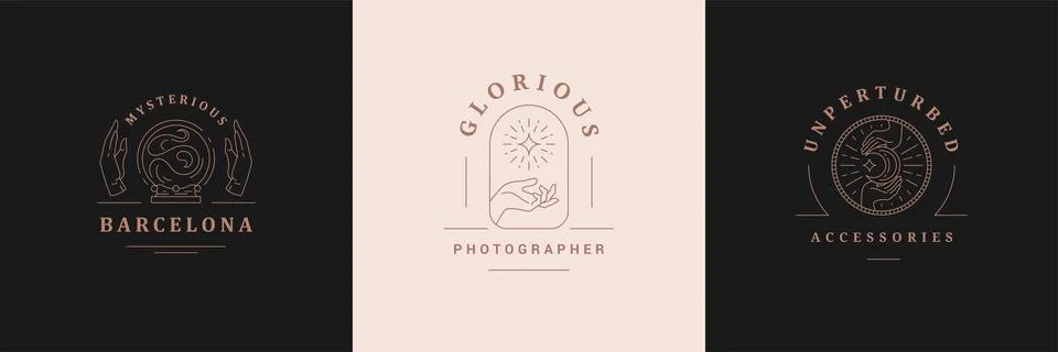 Magic logos emblems design templates set with mystic moon and female hands .. Stock Illustration