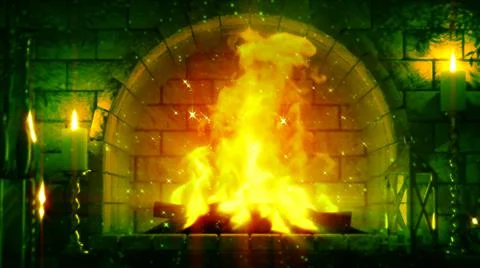 Magic masonry fireplace flames shining - digital object 3D rendering イラスト素材