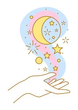 Magic moon in hand. Palm hold or give celestial body. Line art style. Stock Illustration