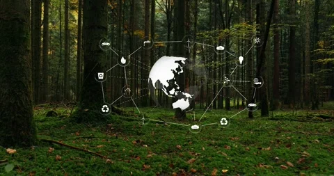 Magic mossy forest with connected eco icons and earth sphere rotation Stock Footage 344138722
