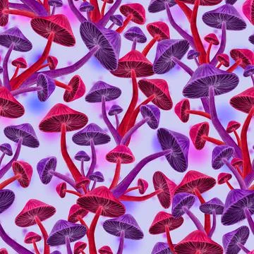 Magic mushroom forest seamless pattern, pink neon toadstool Stock Illustration