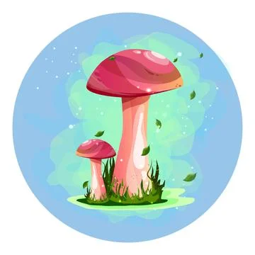 Magic mushrooms on a blue background in a circle. Fireflies and fog. Nice sti Stock Illustration