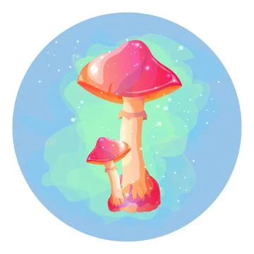 Magic mushrooms on a blue background in a circle. Boletus, fireflies and fog Stock Illustration