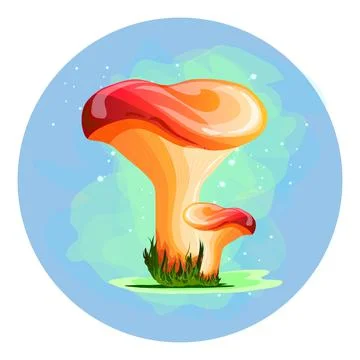 Magic mushrooms on a blue background in a circle. Milk, fireflies and fog. Nice Stock Illustration