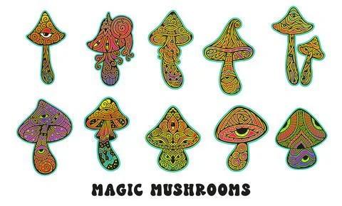 Magic Mushrooms collection. Psychedelic pattern fluorescent, neon Stock Illustration