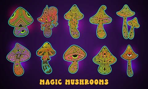 Magic Mushrooms collection. Psychedelic pattern fluorescent, neon Stock-Illustration