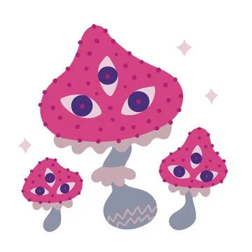 Magic mushrooms with eyes set. Psychedelic hallucination concept. Vibrant 60s Stock Illustration