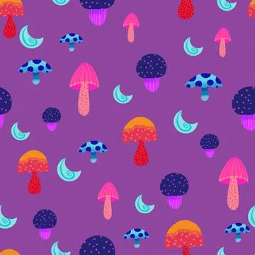 Magic mushrooms fantasy seamless pattern Stock Illustration