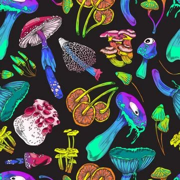Magic mushrooms monsters seamless pattern cartoon vector illustration. Stock Illustration