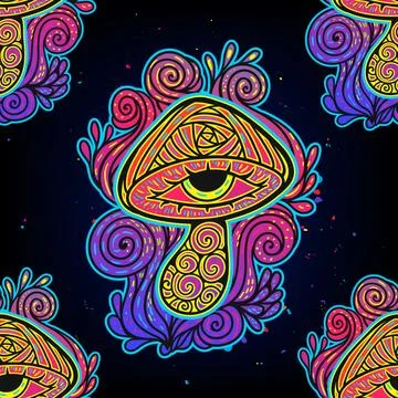 Magic Mushrooms. Psychedelic pattern fluorescent, neon Stock Illustration