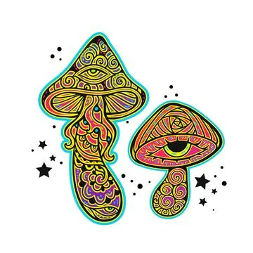 Magic Mushrooms. Psychedelic pattern fluorescent, neon Stock Illustration
