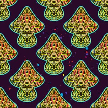 Magic Mushrooms. Psychedelic pattern fluorescent, neon Stock Illustration