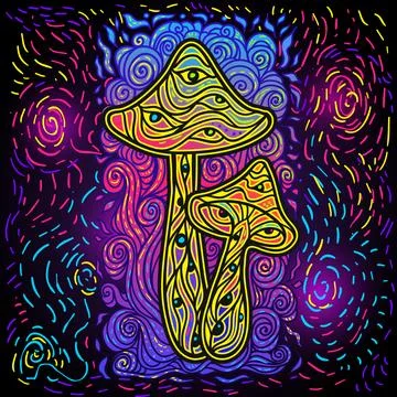 Magic Mushrooms. Psychedelic pattern fluorescent, neon Stock-Illustration