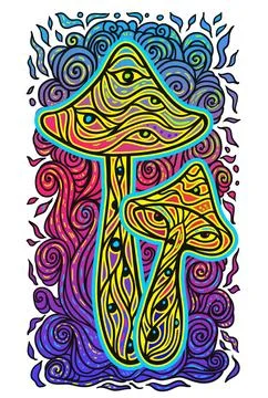 Magic Mushrooms. Psychedelic pattern fluorescent, neon Stock-Illustration