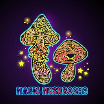 Magic Mushrooms. Psychedelic pattern fluorescent, neon Stock Illustration