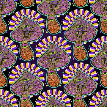 Magic Mushrooms. Psychedelic pattern fluorescent, neon Stock Illustration