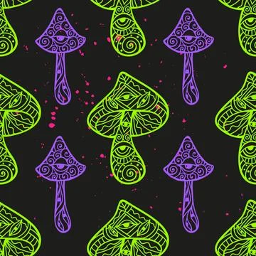 Magic Mushrooms. Psychedelic pattern fluorescent, neon Stock Illustration