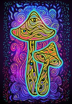 Magic Mushrooms. Psychedelic pattern fluorescent, neon Stock Illustration