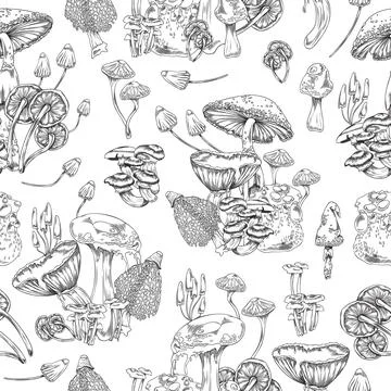 Magic mushrooms seamless endless pattern or repeatable vector illustration. Stock Illustration