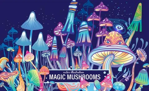 Magic mushrooms of various shape Stock Illustration