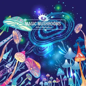 Magic mushrooms of various shape Stock Illustration
