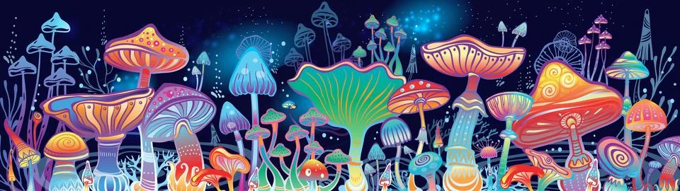 Magic mushrooms vector banner Stock Illustration