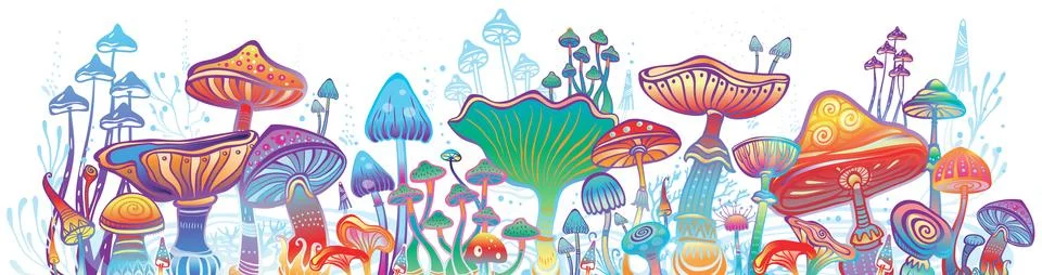 Magic mushrooms vector banner Stock Illustration
