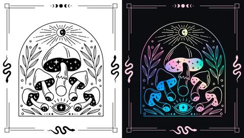 Magic mushrooms vector emblem design 스톡 일러스트