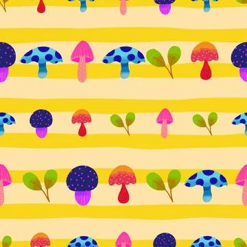 Magic mushrooms vector pattern design on yellow stripes Stock Illustration
