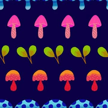 Magic mushrooms vector repeat pattern on dark blue Stock Illustration