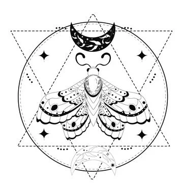 Magic mystic moth in doodle style, line art isolated, boho celestial esoteric Stock Illustration
