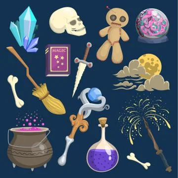 Magic mystic vector witchcraft wizard wodo trick symbol magician wand and Ilustración de archivo