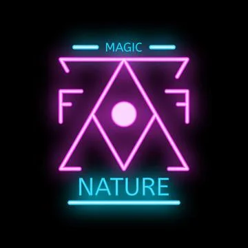 Magic of nature neon sign with triangles and circle glowing Stock Illustration