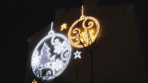 Magic neon light wall ball decorations New Year on the facade park 스톡 동영상 145079926