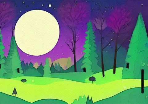 Magic nigh or evening landscape flat illustration. Stock Illustration