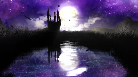 Magic Night over the pond with castle - loop Video stock 31523083