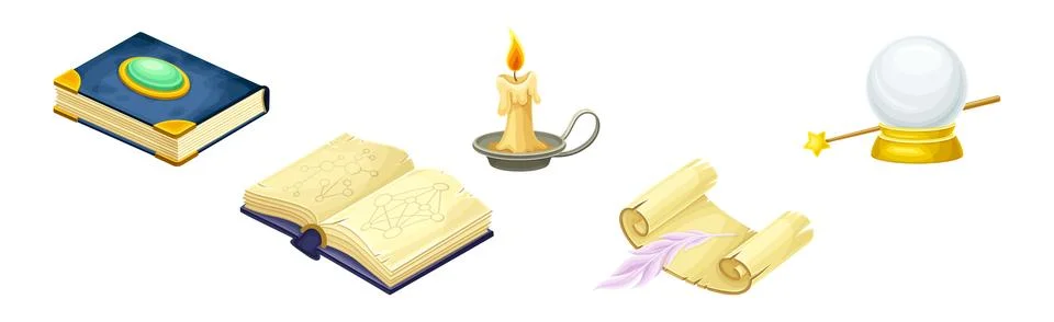 Magic Object and Element with Burning Candle, Book, Scroll and Crystal Ball Stock Illustration