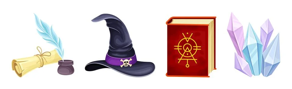 Magic Object and Element with Scroll, Spellbook, Crystal and Witch Hat Vector Ilustración de archivo