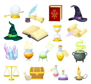 Magic Object and Item with Witch Hat, Potion, Cauldron, Crystal Ball and Spell Stock Illustration