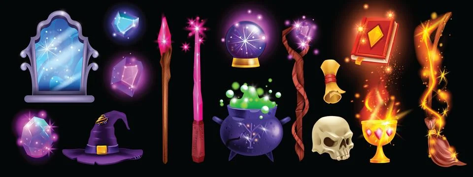 Magic object vector set, witch mirror frame, potion cauldron, witchcraft book Illustrazione stock